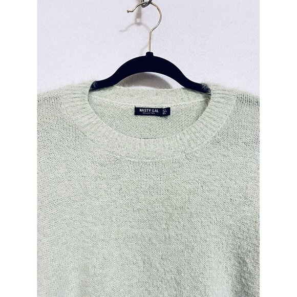 Nasty Gal Sweater Womens Large Puff Sleeve Fuzzy Crew Neck Pullover Boho Green - Picture 3 of 8